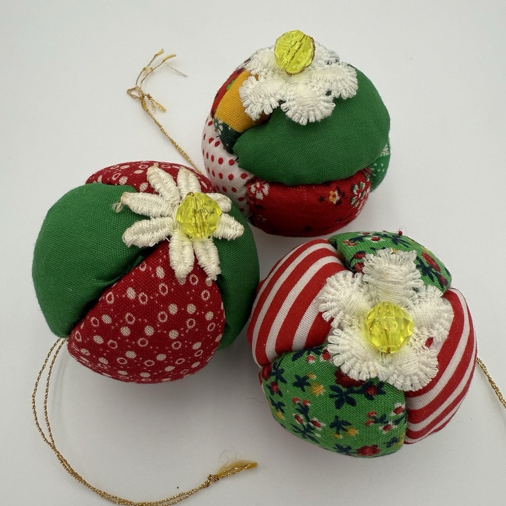 Vintage Handmade Patchwork 3" Christmas Ball Ornaments Fabric Styrofoam Lot 3